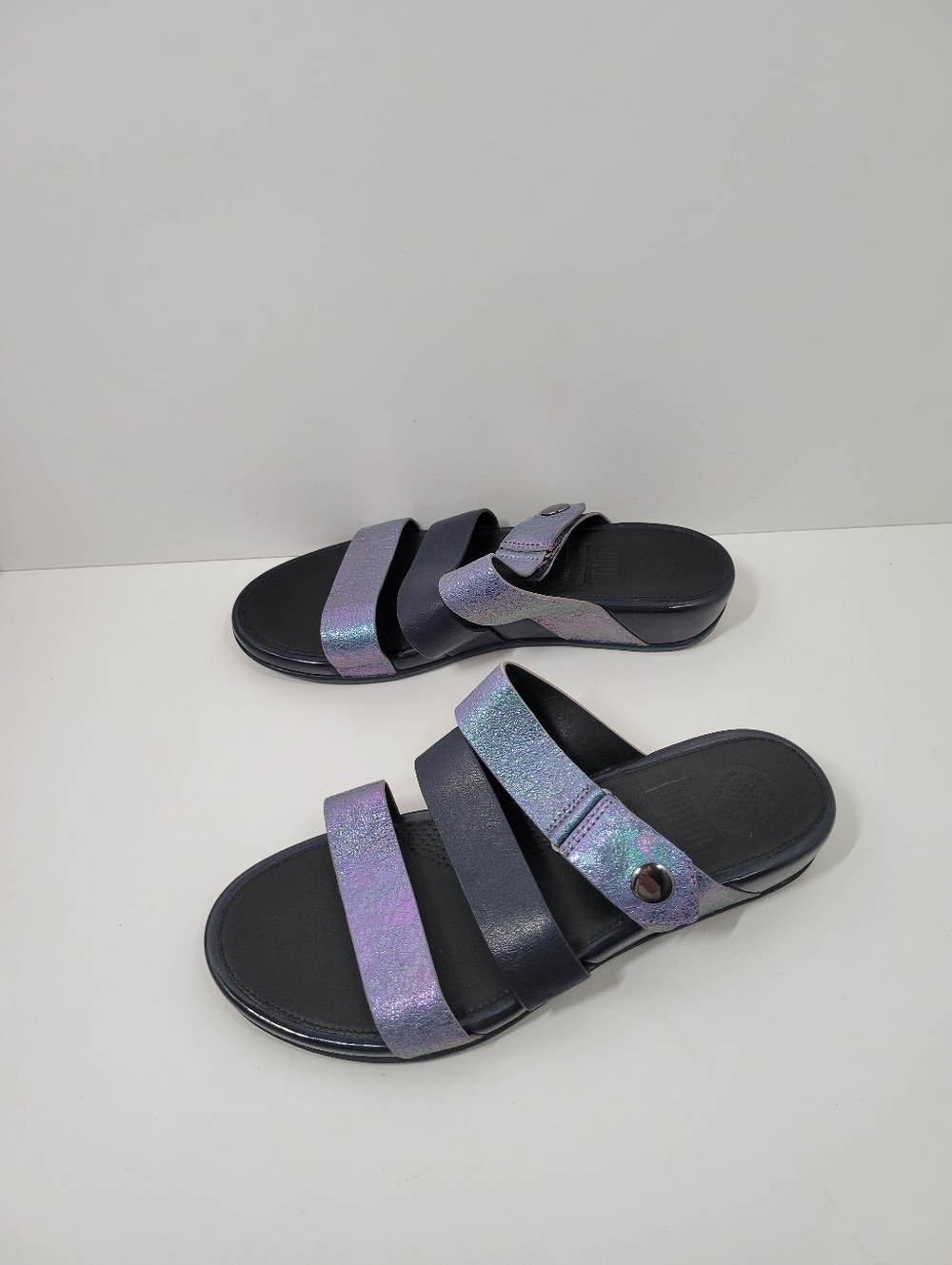 Fit Flop Gladdie Super Navy Shimmer Purple Leather Adjustable Slide Sandals Sz 7